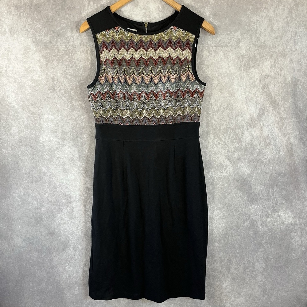 Maggy London Sheath Dress Womens 10 Black Chevron Metallic Sleeveless Zip Back